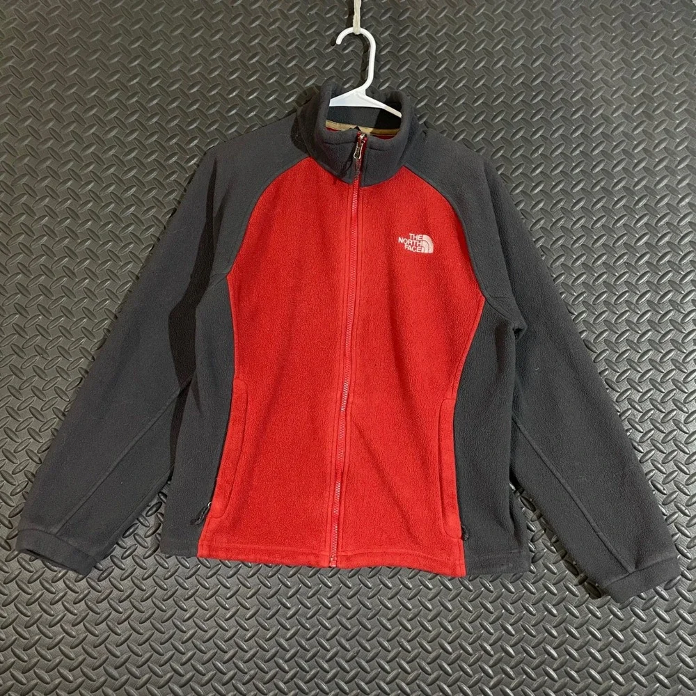 The North Face Red Gray Fleece Long Sleeve Full Zip Sweater Men's Size Small‎
